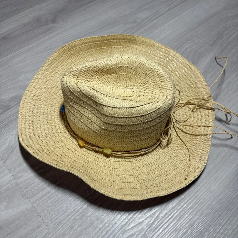White Mountain Hat Womens Tan Straw Cowboy Hat Beaded Western Sun Hat OS